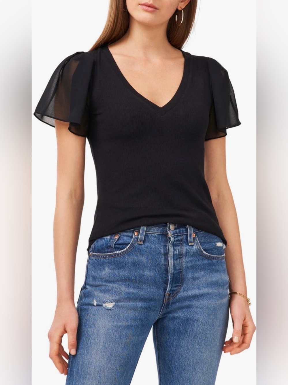💋NWT💋 1.State Black V-Neck Flutter Sleeve Tee, Size XS